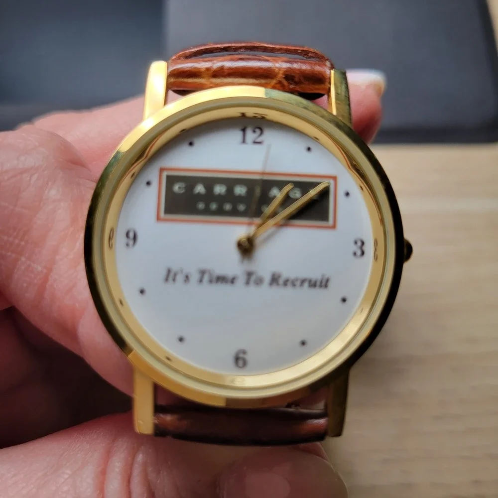 Carriage Services Logo Mens Gold Tone Watch Brown  Band Analog Quartz
